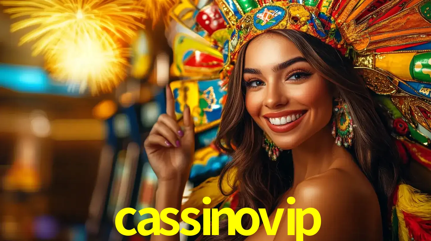 Mulher sorridente com um cocar de carnaval vibrante e colorido, celebrando uma grande vitória nos jogos do cassino cassinovip com fogos de artifício ao fundo.