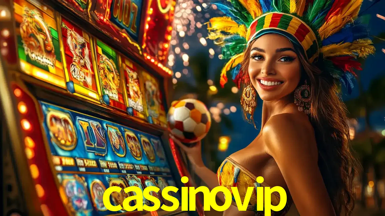 Mulher com um cocar de carnaval ao lado de uma máquina de caça-níqueis enquanto segura uma bola de futebol, mostrando a união da diversão de cassino e esportes no cassinovip.