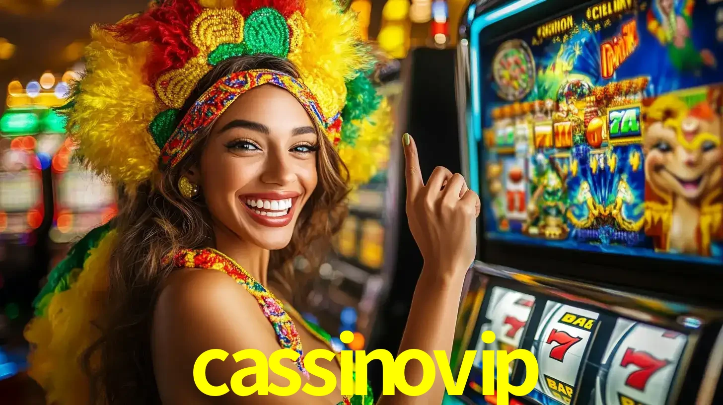 Mulher animada com um cocar de carnaval apontando para uma máquina de caça-níqueis, mostrando a emoção de ganhar um grande prêmio nos jogos do cassinovip.