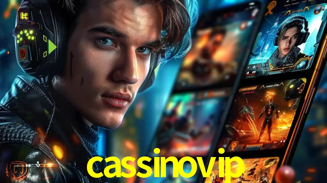 Jovem jogador com fones de ouvido olhando para a câmera, com um aplicativo de jogos e e-sports para celular ao fundo, pronto para a competição e apostas no cassinovip.