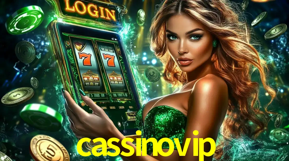 Mulher com tema verde apresentando o aplicativo do cassino cassinovip com um jogo de slot de 777, cercada por fichas de cassino e uma aura de sorte.