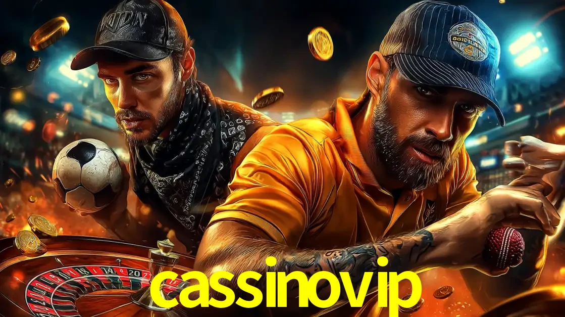 Montagem de apostas esportivas e cassino no cassinovip, com um homem segurando uma bola de futebol e outro uma de beisebol sobre uma roleta e moedas voadoras.