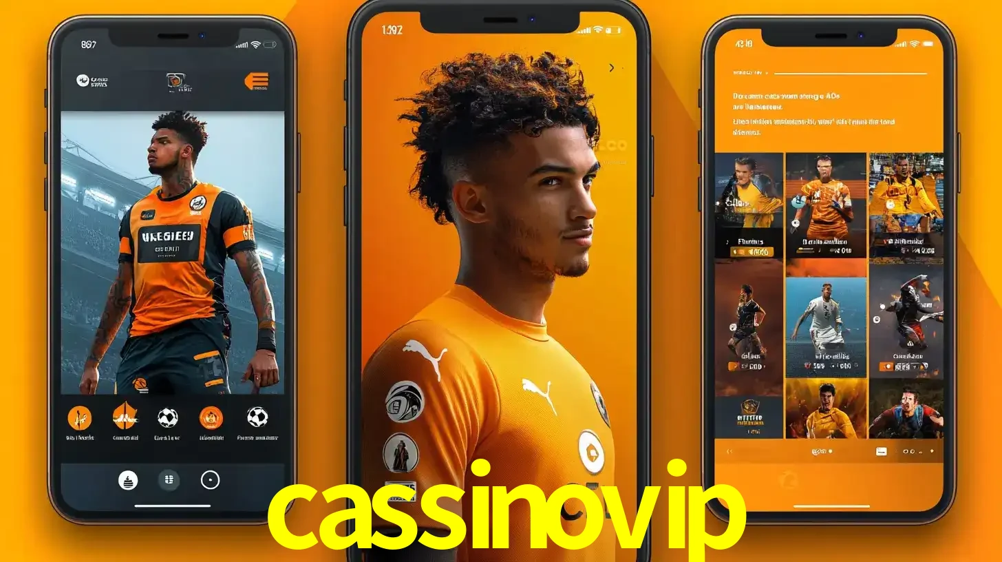 Interface do aplicativo de apostas esportivas cassinovip em três telas de celular, mostrando o perfil de um jogador de futebol e a lista de jogos disponíveis para apostar.