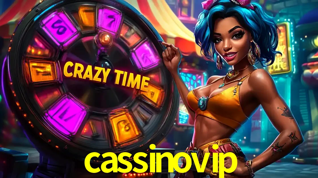 Mulher estilizada com cabelo azul e visual vibrante posando ao lado da roda de prêmios do game show Crazy Time, convidando para a diversão e os bônus do cassino cassinovip.
