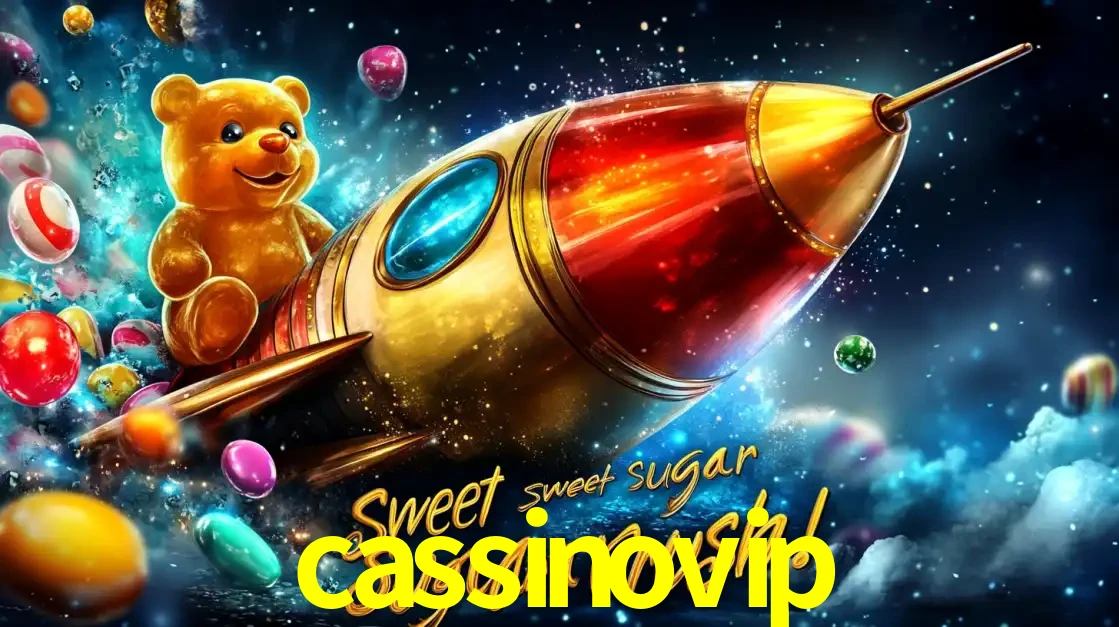 Arte promocional do jogo de slot Sugar Rush, com um urso de pelúcia em um foguete viajando pelo espaço de doces, um dos jogos divertidos disponíveis no cassino cassinovip.