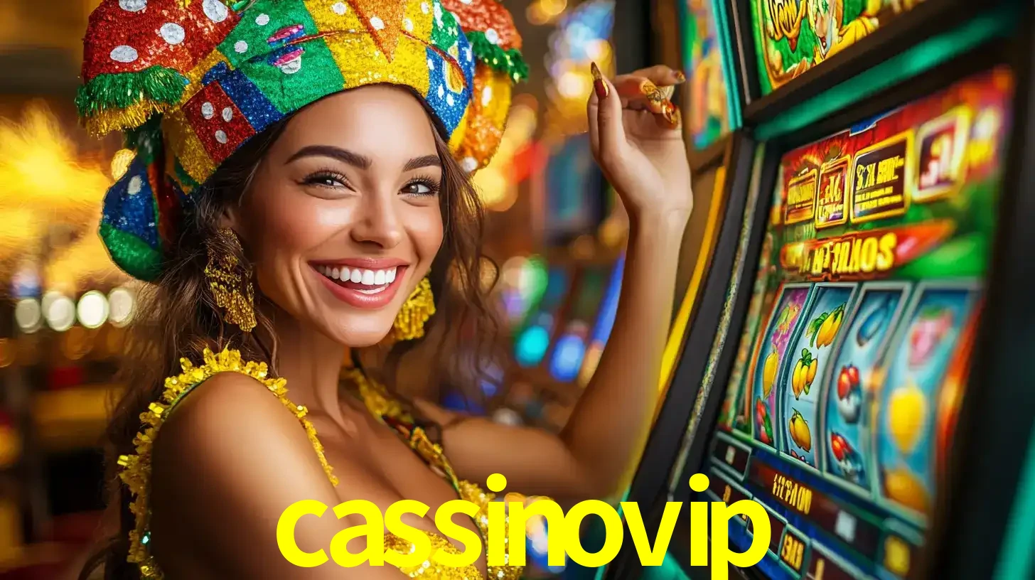 Mulher feliz com traje de carnaval amarelo e colorido ao lado de uma máquina de caça-níqueis, aproveitando a diversão e os jogos temáticos do cassino cassinovip.