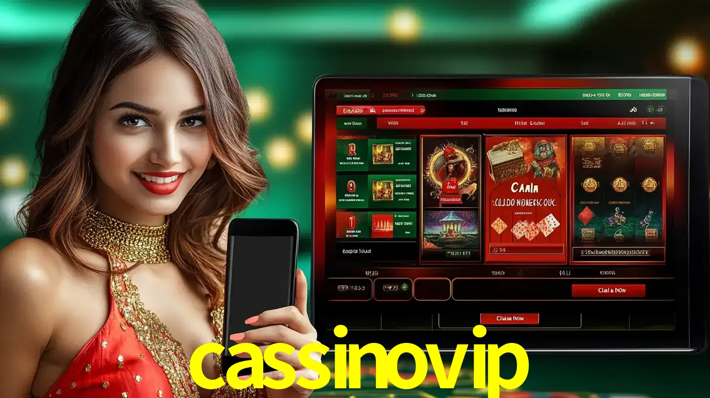 Mulher sorridente segurando um smartphone, ao lado de uma tela exibindo o lobby de jogos do cassino online cassinovip, com várias opções de jogos de cartas e slots.
